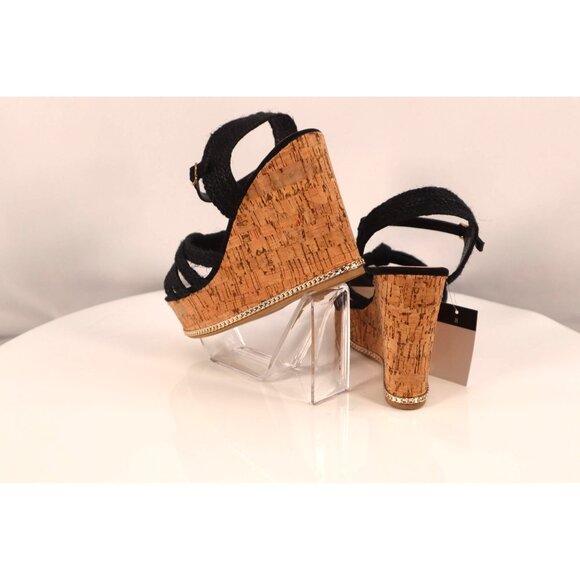 Time & Tru Black Strappy Cork Wedge Sandals Size 8 - Picture 4 of 11